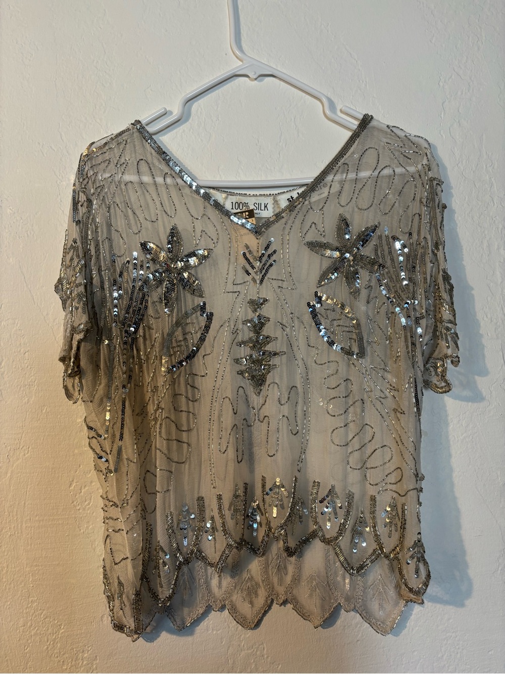 Beaded Silver Silk V-Neck Blouse